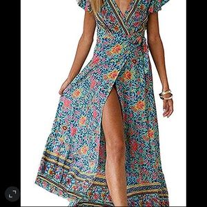 ZESICA Women's Bohemian Floral Printed Wrap V Neck Short Sleeve Split Maxi Dress